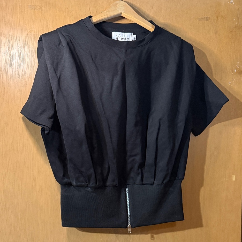 Kate Hewko Black Padded Shoulder Top with Zipper Detail Size M/L